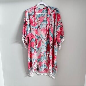 Kimono Style Open Front Cardigan Beach Cover Up Floral Multicolor One Size